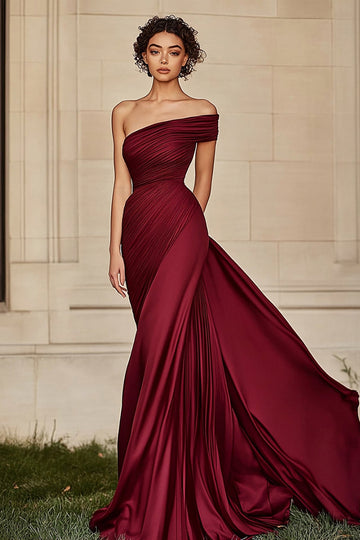 Robe de bal en satin froncé à une épaule fourreau bordeaux